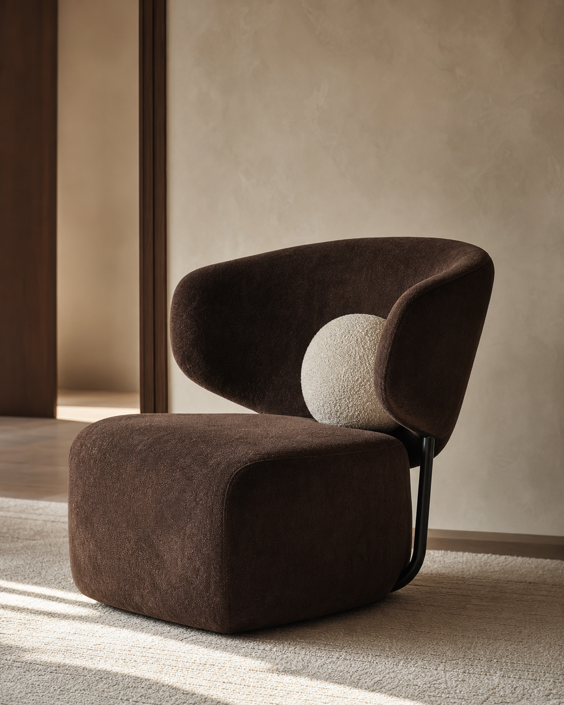 Close view of a curved chocolate armchair with an ivory cushion
