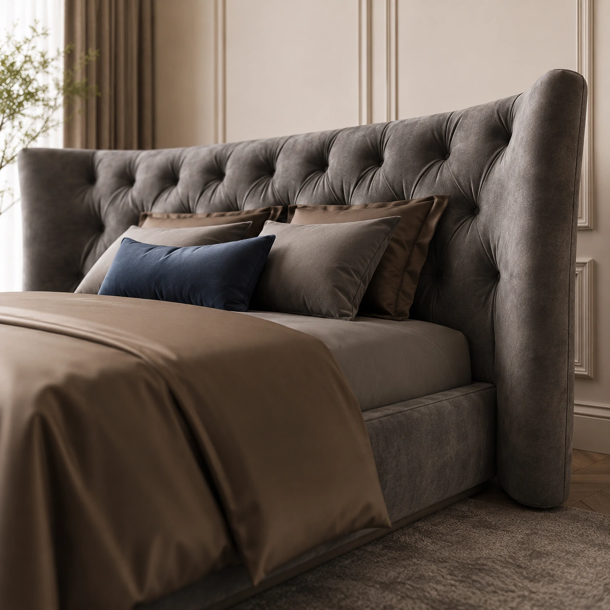 Close view of the tufted grey headboard, layered bedding, and navy cushion