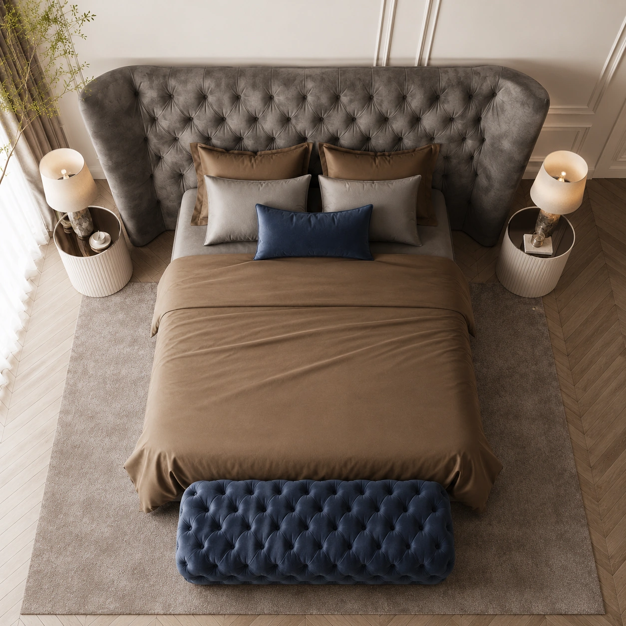 High-angle view of the tailored bedroom and navy tufted bench