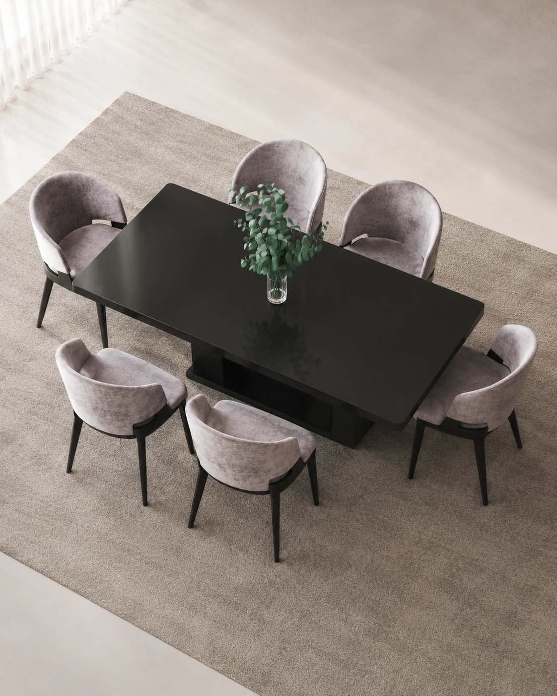 High-angle view of the six-chair black dining arrangement