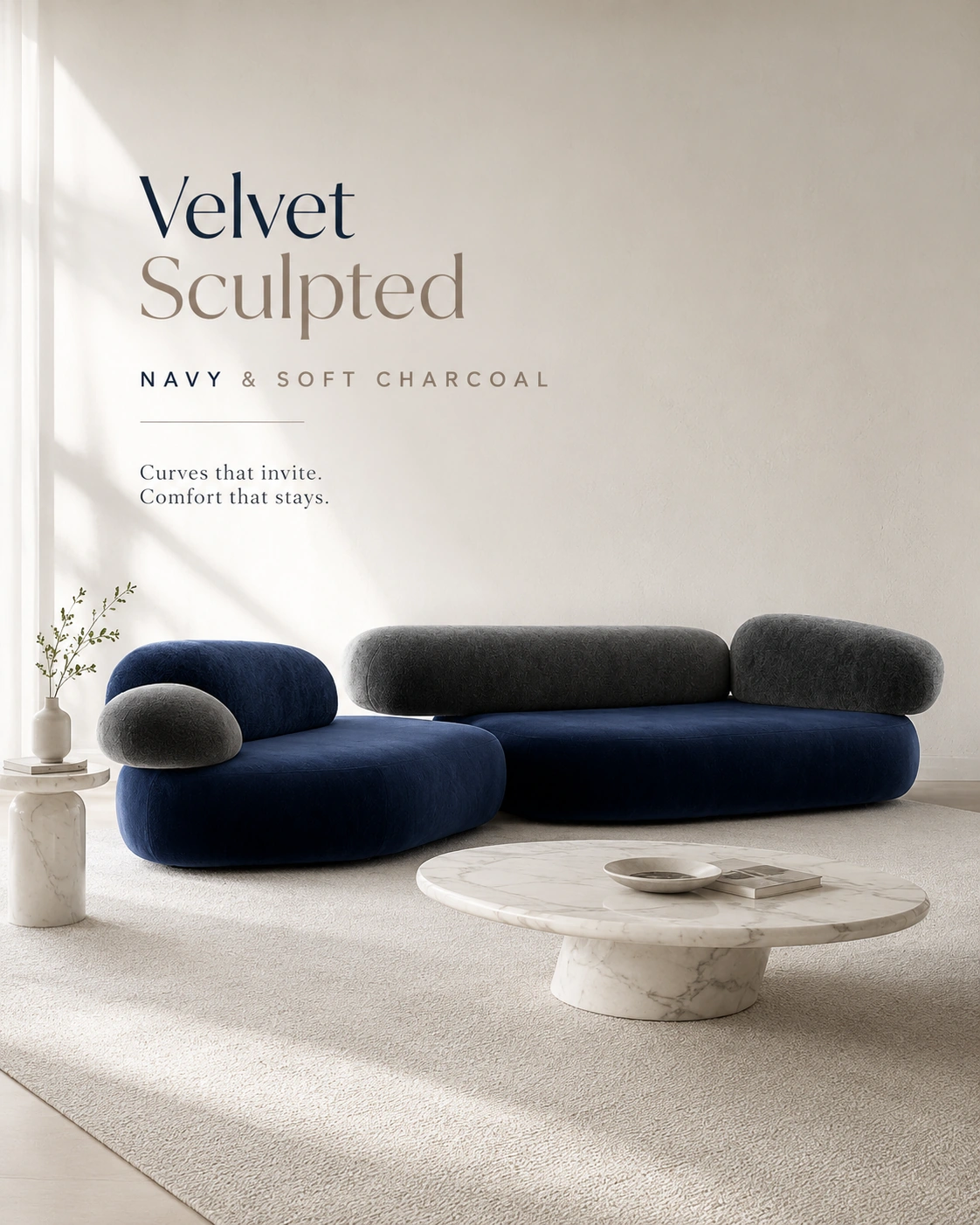 Navy and charcoal sculptural velvet seating with editorial text