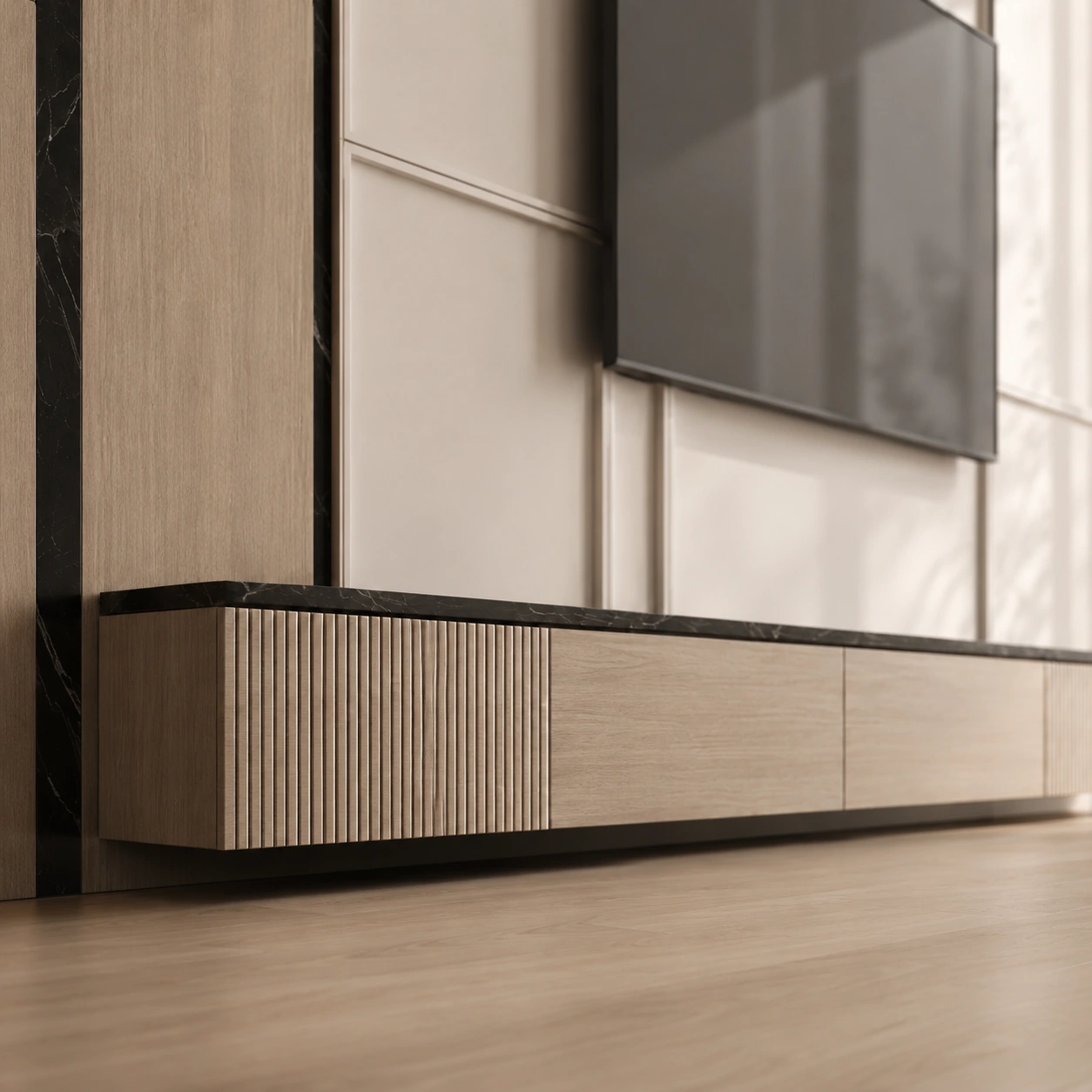 Angled detail of pale oak slatted joinery and dark stone ledge