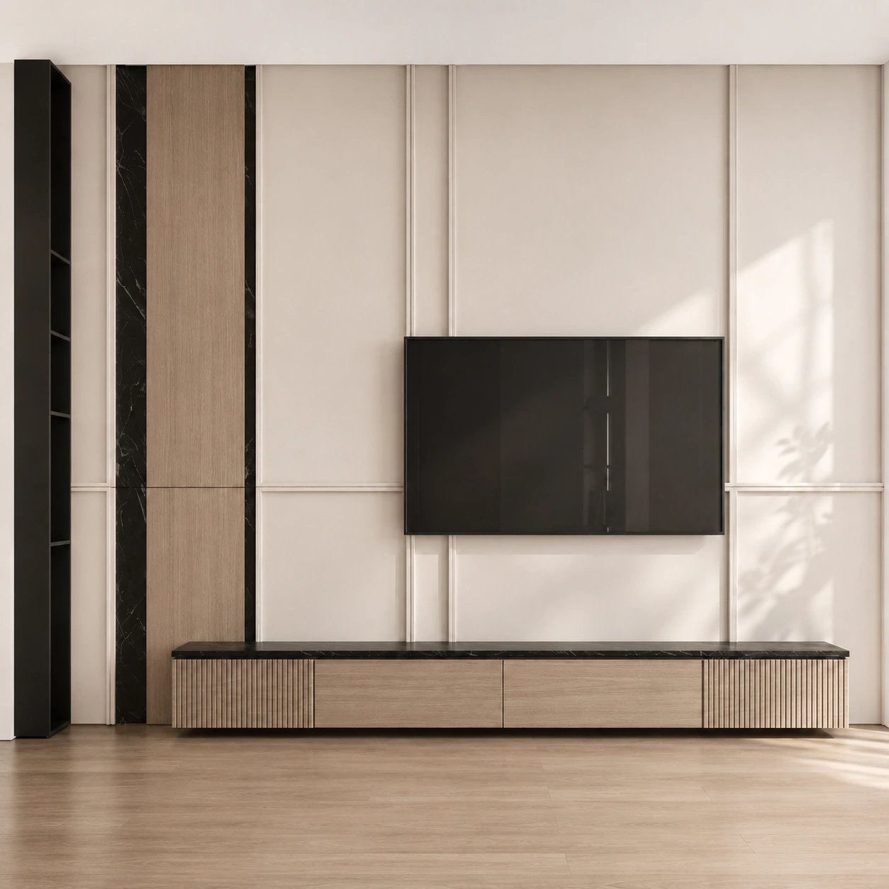 Front view of a refined pale oak and panelled media wall