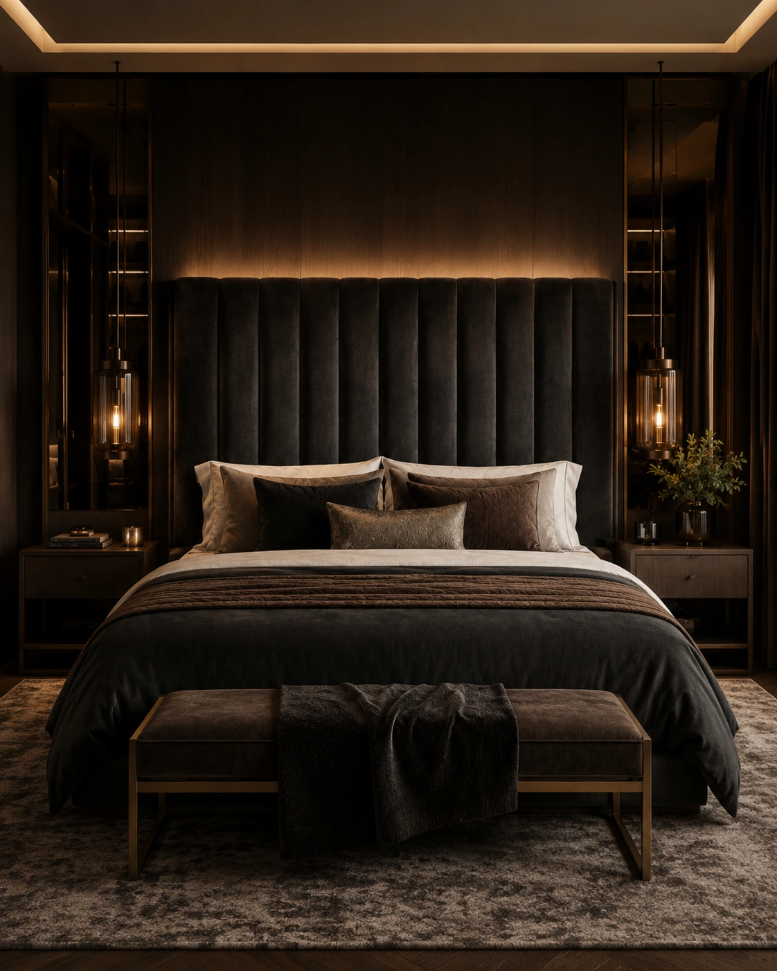 Front view of a dramatic dark bedroom suite