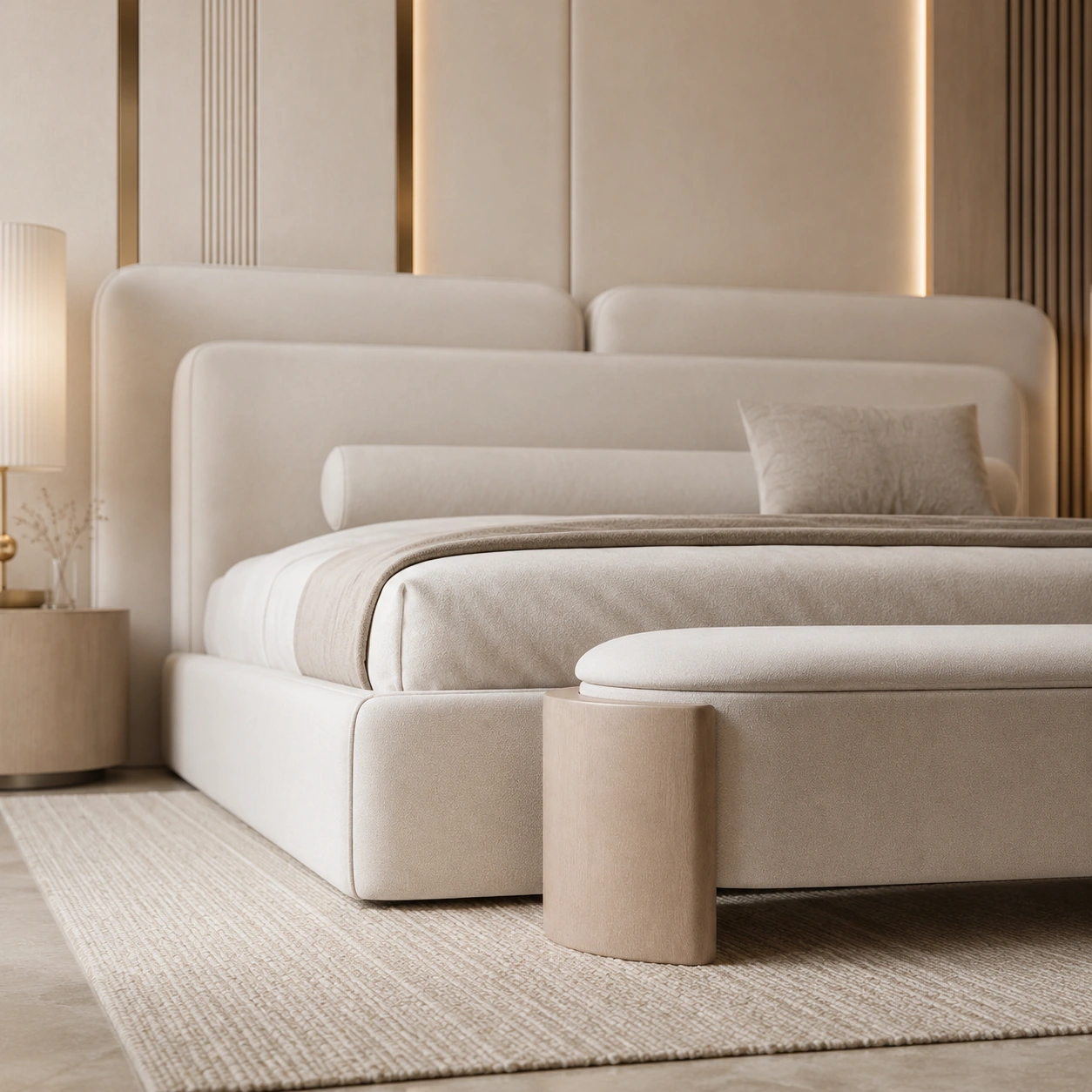 Angled view of an ivory upholstered bed with curved bedside table