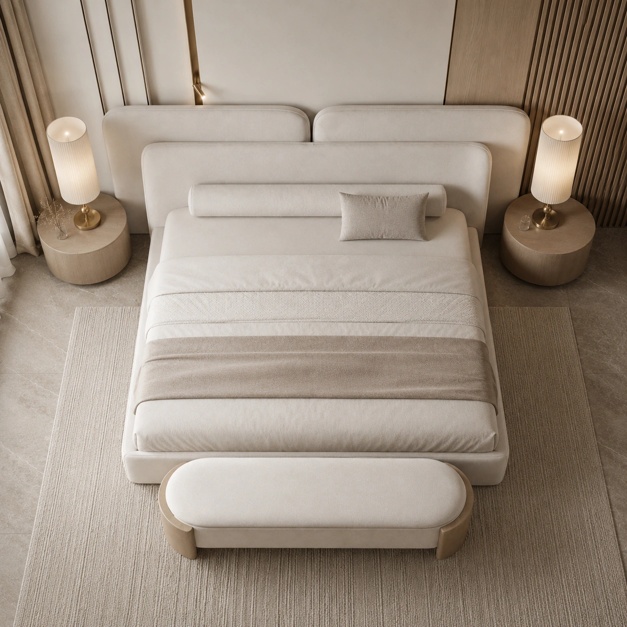 Top view of a serene ivory bedroom