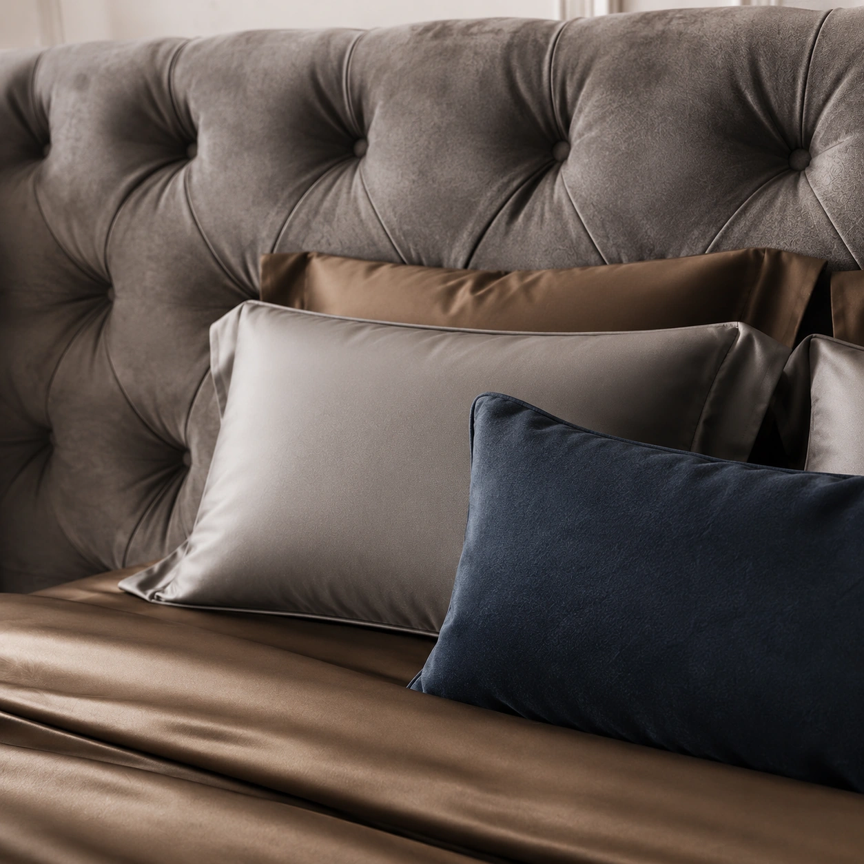 Close view of layered taupe bedding and a navy cushion