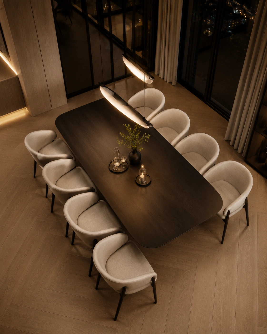 High-angle view of a warmly lit evening dining arrangement