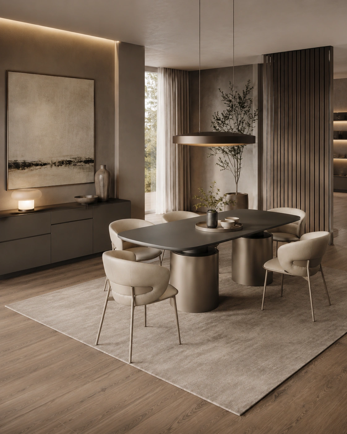 Angled room view of a contemporary neutral dining arrangement