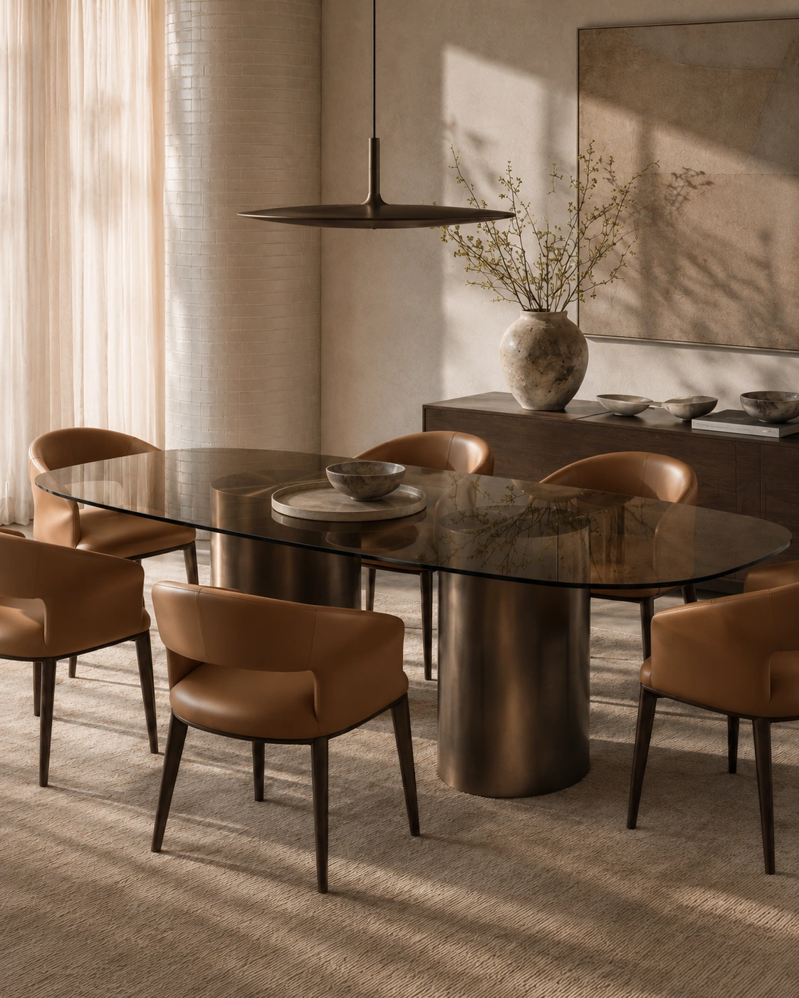 Close view of a smoked glass dining table and copper chairs