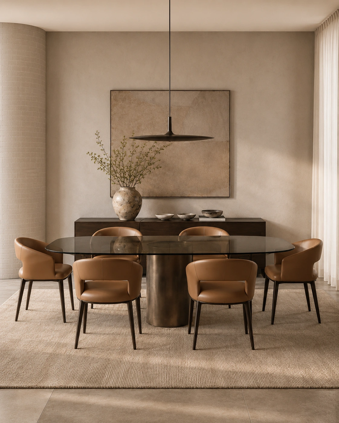 Front view of the glass table and upholstered dining chairs
