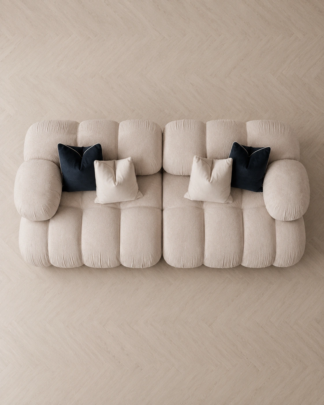 Top view of the ivory modular sofa with navy cushions