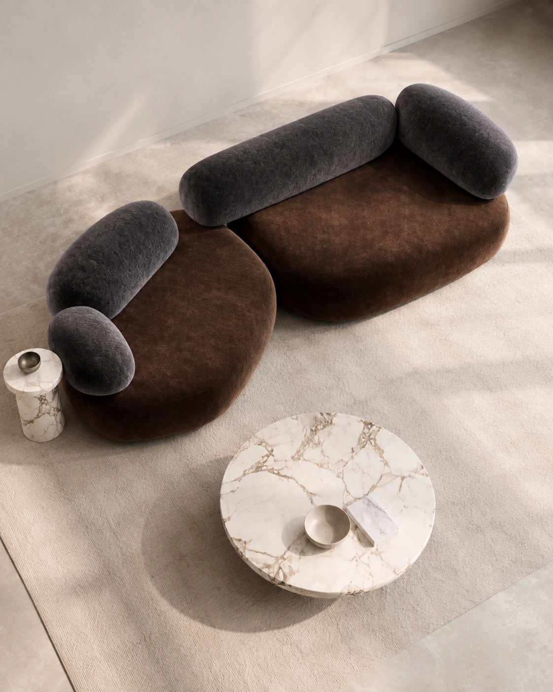 Top view of the dual-tone modular sofa and marble table