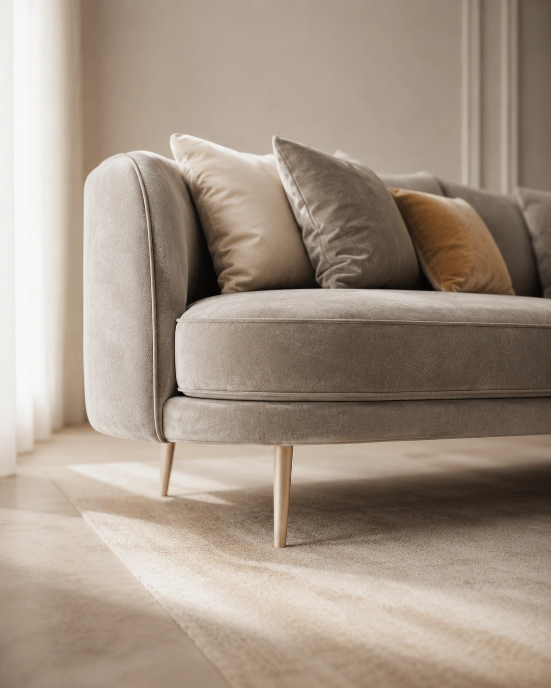 Low-angle view of a refined taupe sofa with slender metal legs