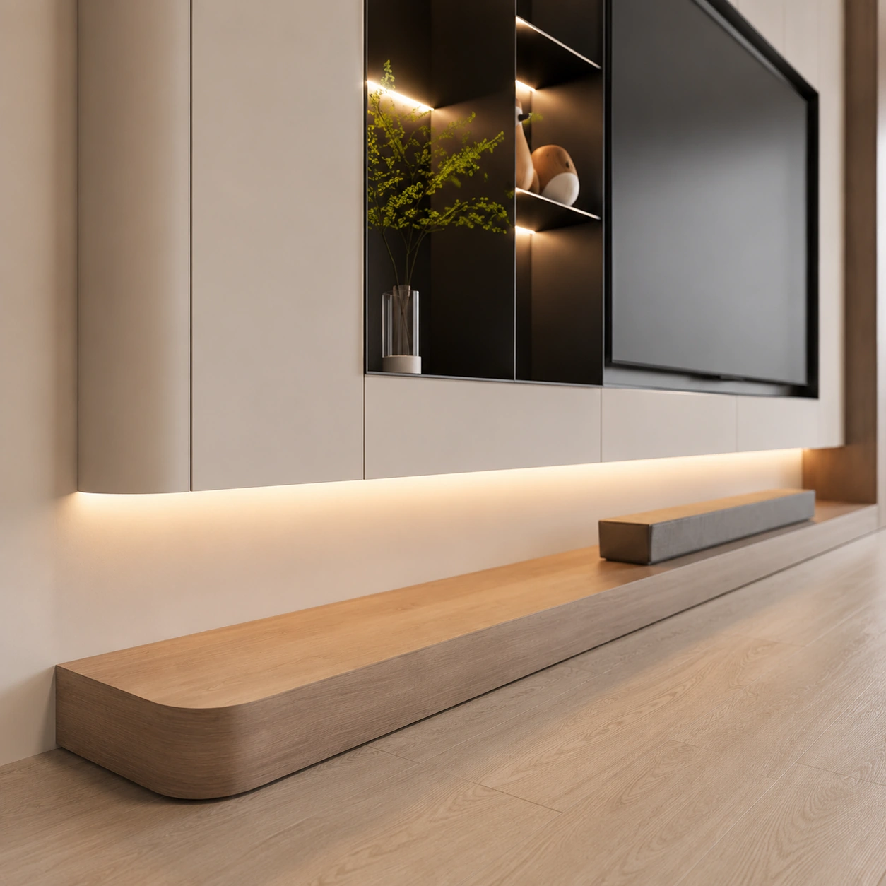 Angled view of a pale TV wall with a curved oak console and dark niche