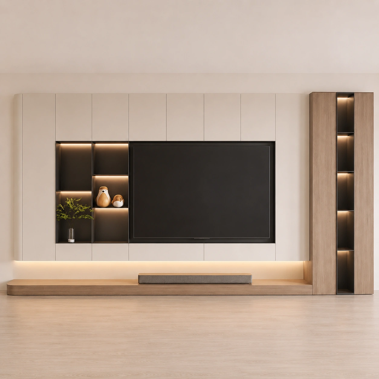 Front view of a softly illuminated TV wall with integrated display shelving