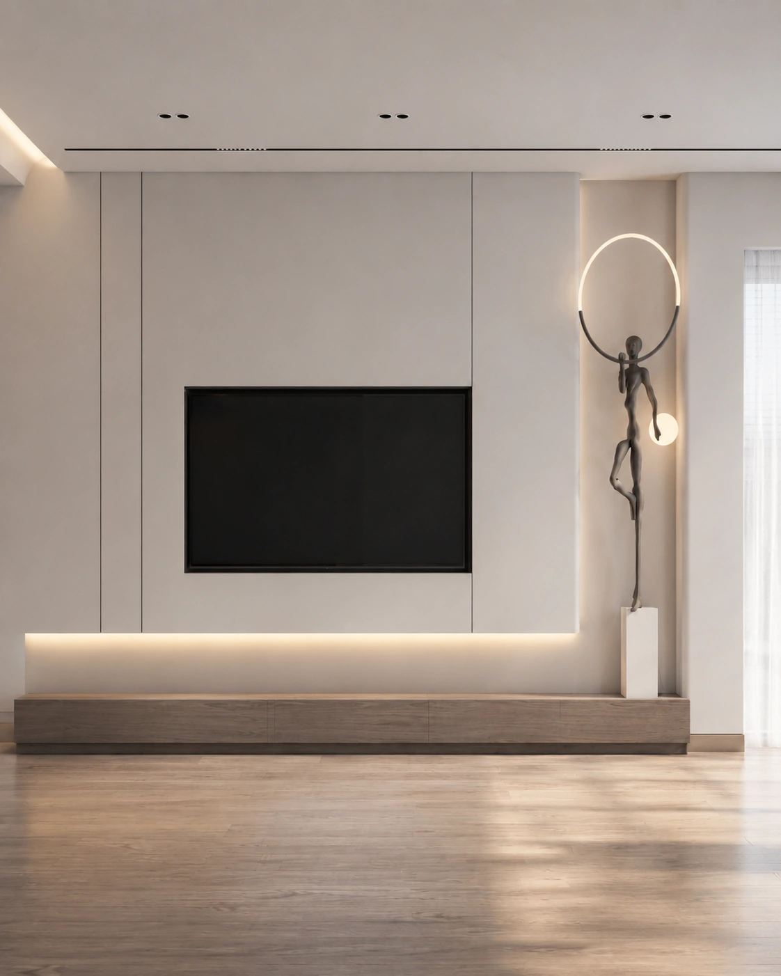 Front view of a linear white and walnut media wall