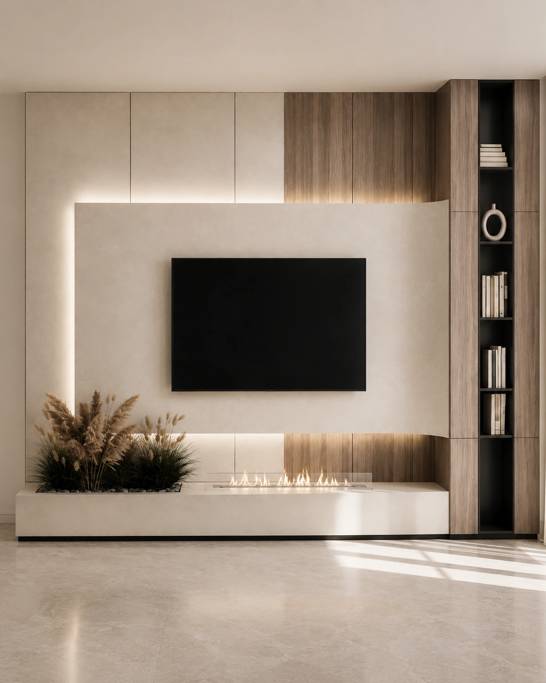 Front view of the TV wall with pale stone and vertical timber shelving