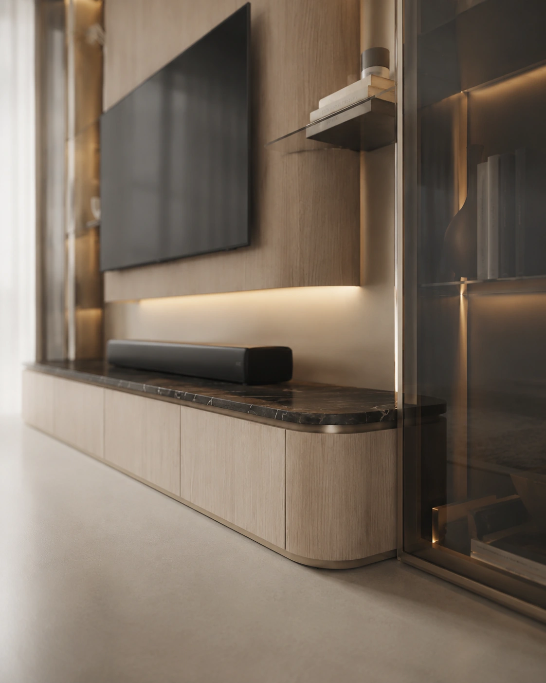 Angled close view of warm oak media joinery and a mounted television