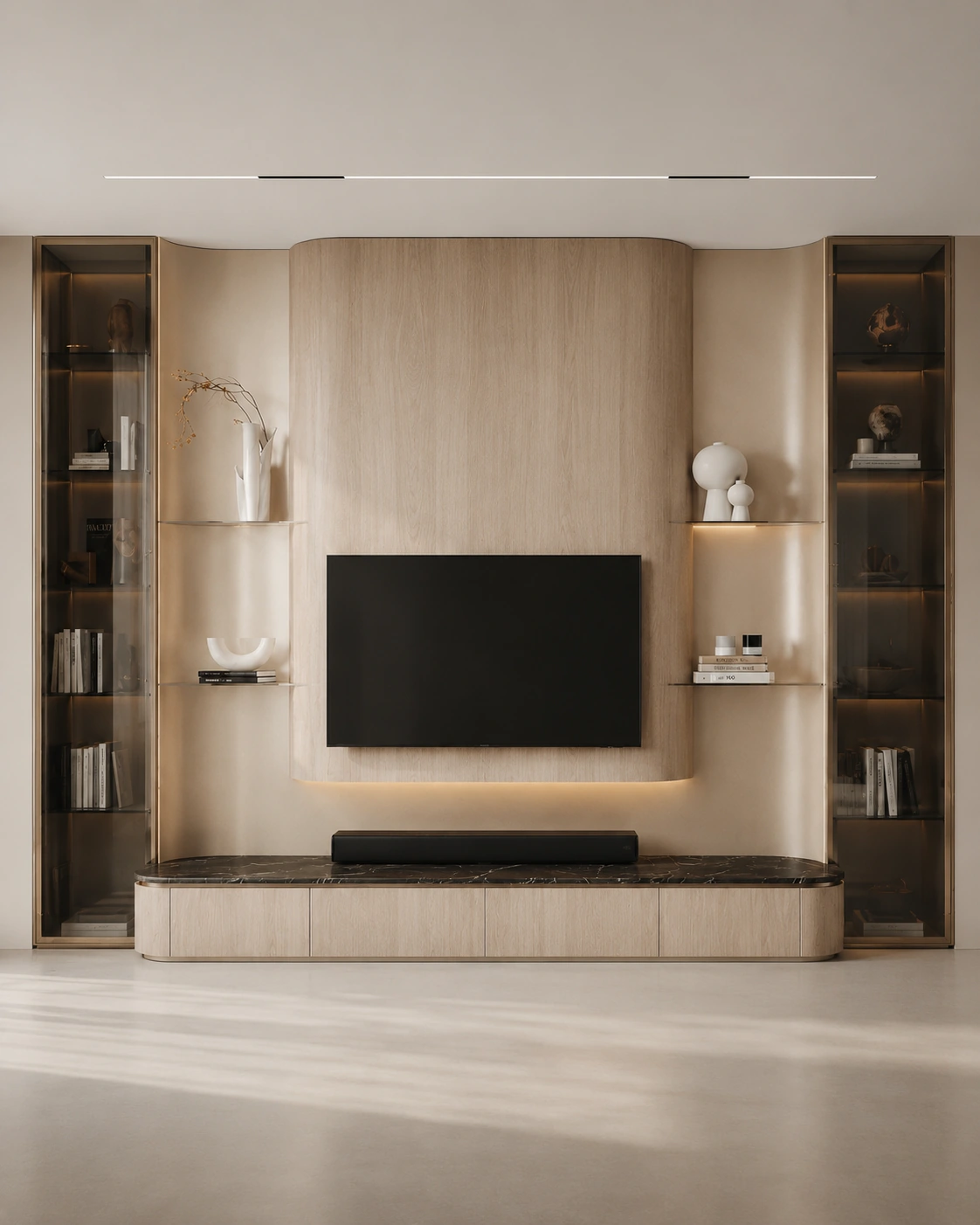 Front view of a symmetrical built-in media wall with illuminated shelves